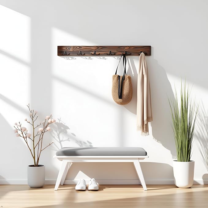 Alaterre Furniture Pomona Entryway Coat Hook – Modern Rustic 48-Inch Wall Mounted Coat Rack with 6 Hooks – Solid Wood and Space Saving for Jackets, Scarves & Bags in Mudroom or Hallway (Rustic Brown) - Image 2