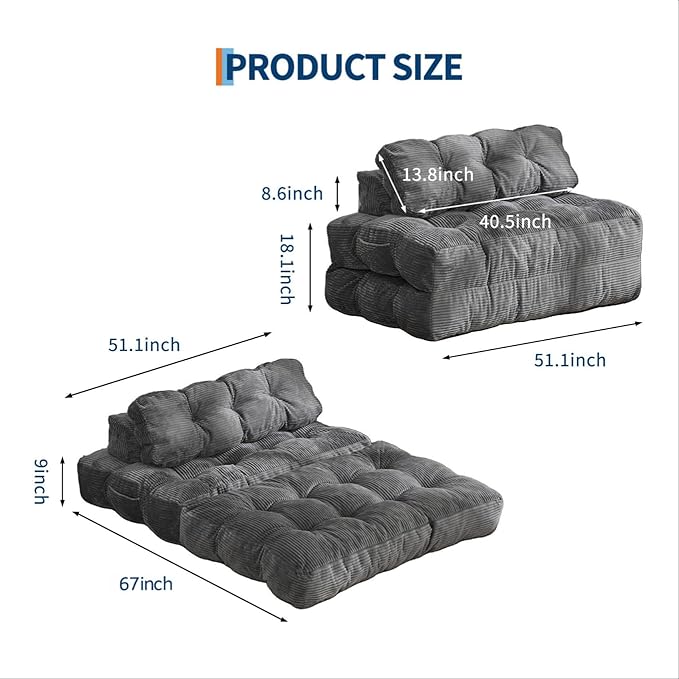 Garvee Folding Sofa Bed, Convertible Sleeper Chair with Pillow Foldable Mattress with Back Support, Boneless Fold Out Chair Bed Comfy Floor Sofa Lounge for Living Room, Bedroom, Dark Gray, Full