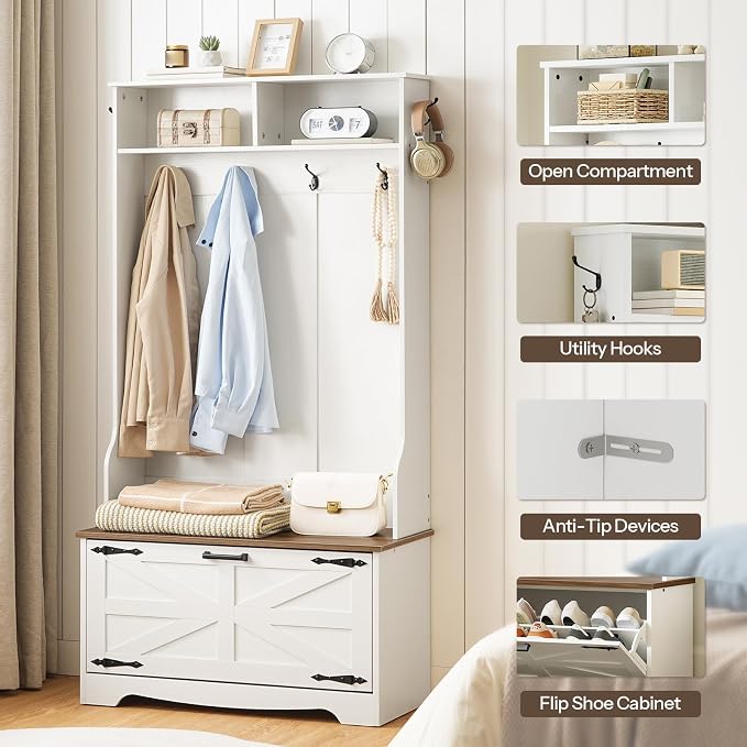 HOOBRO Hall Tree with Bench, Entryway Bench with Coat Rack and Shoe Cabinet, Flip Drawers, Farmhouse Hall Tree with Shoe Organizer, Mud Room, White and Walnut WH85MT01 - Image 6