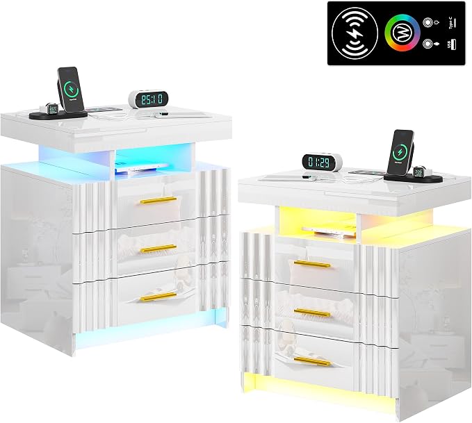 HNEBC LED Nightstand Set of 2,White Night Stand with Charging Station-USB+Type-C+Wireless Charging,Smart Bedside Table has Auto Sensor, High Gloss Bedside with 3 Drawers for Bedroom (1PCS-Black) by HNEBC