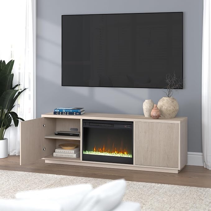 Henn&Hart Fluted TV Stand for TVs up to 75" with 26" Electric Crystal Rocks Fireplace and Ribbed Side Storage Cabinets for Living Room, Family Room, or Office, Beech White - Image 6
