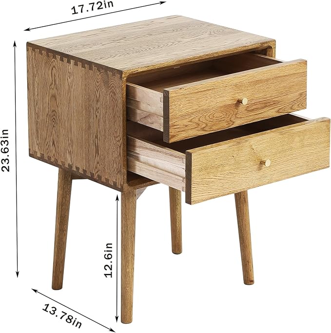 Solid Wood Bedside Table Nightstands, Mid-Century Natural Oak Modern End Table with Drawers Vintage Aesthetic Durable Real Wooden Cabinet Organizer for Bedroom, Light Walnut Color - Image 2