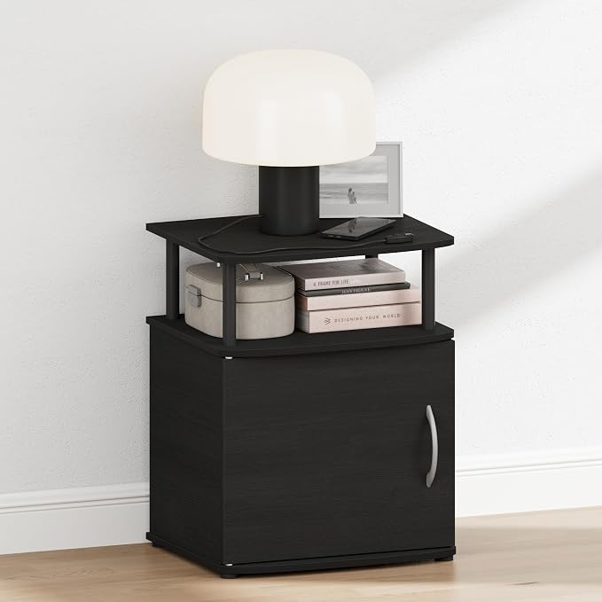 Furinno Jaya Night Stand with Door, Nightstand with Open Shelf and Door Cabinet, Round Corner Bedside Table, Side Table, End Table, for Bedroom, Closet, Dorm, Black - Image 3