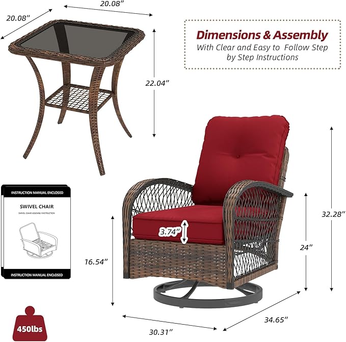 EROMMY 3 Pieces Patio Furniture Set, Outdoor Swivel Rocker Patio Chairs, Wicker Patio Bistro Set with Rocking Chair, Thickened Cushions and Glass Coffee Table for Backyard, Garden, Wine Red