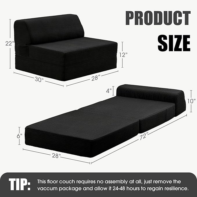 Folding Sofa Bed with Pillow, Memory Foam Fold Out Chair Bed, Convertible Sleeper Chair with Washable Cover, Futon Floor Couch for Living Room/Dorm/Guest Use/Home Office/Apartment, Black