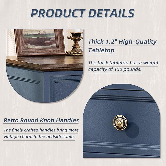 Joaxswe 24" Wide Farmhouse Night Stand Set of 2,Large End Table with 3 Drawers & Metal Handle,Blue Dresser for Bedroom,Bed Side Table Chest of Drawers Cabinet,Wood Nightstand for Living Room,Closet - Image 7