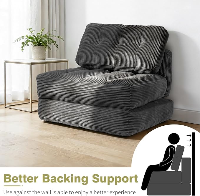 Art3d Folding Sofa Bed, Convertible Sleeper Sofa Bed with Pilow & Back Support, 3 in 1 Long Futon Boneless Couch, Comfy Floor Couch for Living Room, Bedroom, Dark Gray