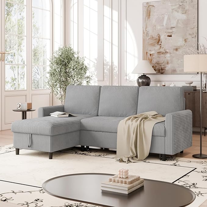 Shintenchi Futon Sofa Bed Convertible Couches L Shaped, 4‑in‑1 Sectional Sleeper Sofa Pull Out Couches for Living Room, Multifunctional Couch with Storage Chaise Corduroy Fabric, Light Gray