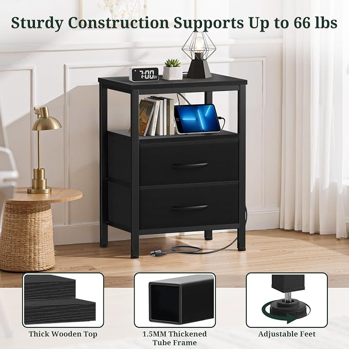 Nightstand with Charging Station, Bedside Table with USB Ports & Outlets, Small Dresser End Table with 2 Fabric Drawer and Open Storage Shelf, Wooden Top for Bedroom, Black - Image 5