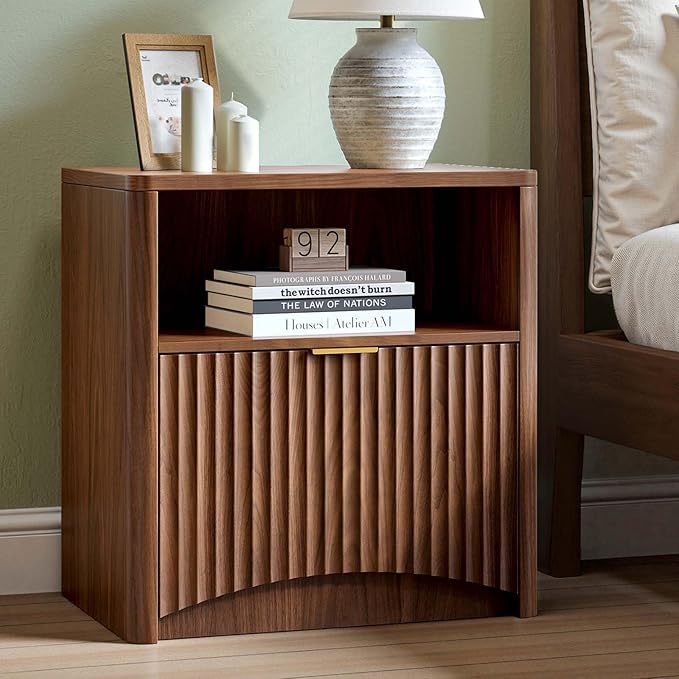 Evermagin Fluted Nightstand Set of 2, Walnut Bedside Table with Drawer and Storage, Wood End Table Mid Century Modern, Large Night Stand for Bedroom - Image 3
