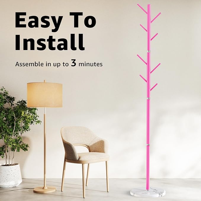 HzTinT Coat Rack with Natural Marble Base, Metal Freestanding Coat Rack with 8 Hooks, 3 Adjustable Size Sturdy Coat Tree for Bags, Coats, and Hats for Entryway, Hallway, Bedroom, Office, Pink - Image 7