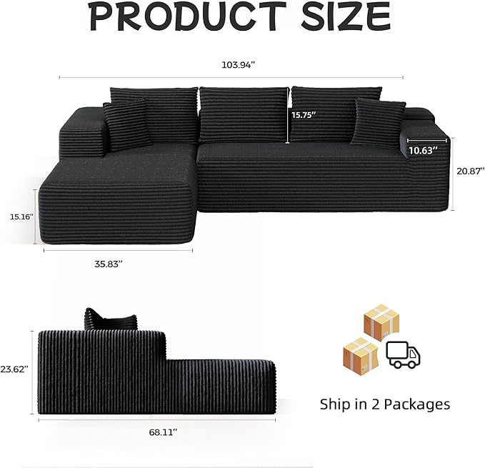 L-Shape Cloud Sectional Sofa, 104” Modern Modular Boneless Couch with Right Chaise Lounge, Compressed Floor Sofa with 5 Pillows & Deep Seat, Flannel Velvet Couch for Living Room, Black