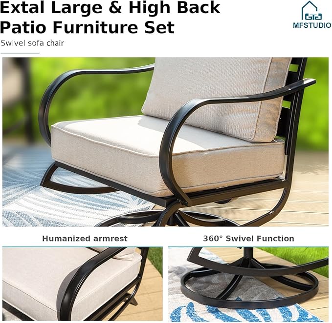 MFSTUDIO 5 Pieces Patio Conversation Sets,Outdoor Metal Furniture Sofas with 1 x 3-Seat Sofa, 2 x Swivel Chairs,2 x Ottoman,Wrought Iron Frame with Beige Cushion for Patio Courtyard Balcony