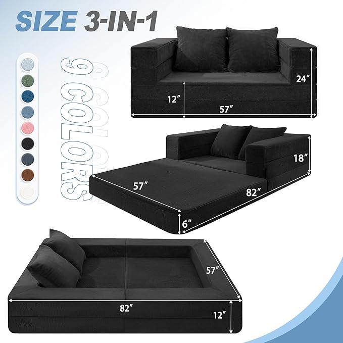 Futon Sofa Bed with Pillow, 3-in-1 Sleeper Sofa Bed with Removable Cover, Convertible Floor Sofa Bed, No Assembly Boneless Couch for Living Room, Bedroom