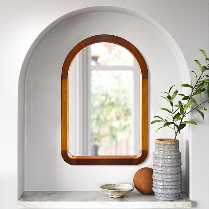 Arched Mirror 22 x 30 Inch,Brown Wood Rustic Bathroom Tempered Wall Mirror with Wood Frame,Round Corner Arch Farmhouse Wooden Vanity Mirror for Living Room,Entryway or Bedroom（Walnut Brown） - Image 2