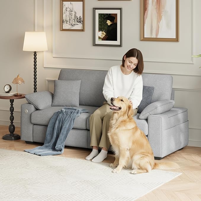 76" Loveseat Sofa, Cloud Foam Couch, 3 Seater Upholstered Midcentury Mondern Love Seat with USB Type C Ports, 4 Pillows and Storage Armrest for Living Room/Small Spaces, Grey | Breathable material