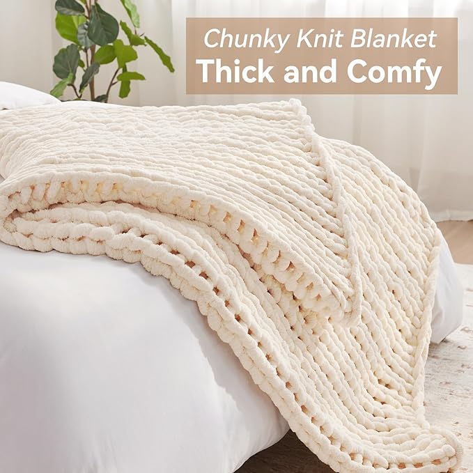 Negwoo Chunky Knit Throw Blanket, 50''*60'' Knitted Throw Chenille Yarn for Bed Couch, Handmade Cream Crochet Big Thick Blanket, Machine Washable Cute Comfy Blanket for Home Decor