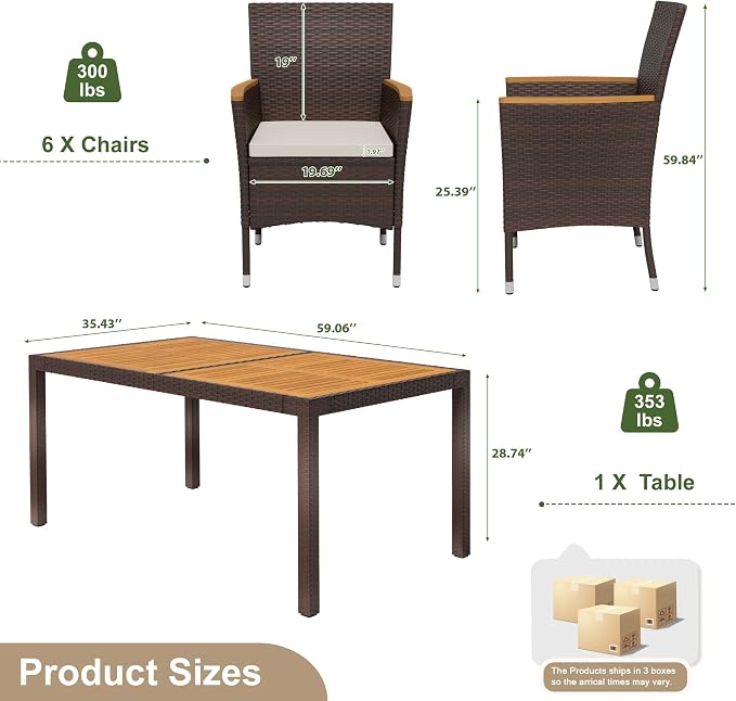 Devoko Dining 7 PCS Furniture, Patio Conversation Set with Acacia Wood Table Top, Outdoor, Beige Cushion and Brown Rattan - Image 7