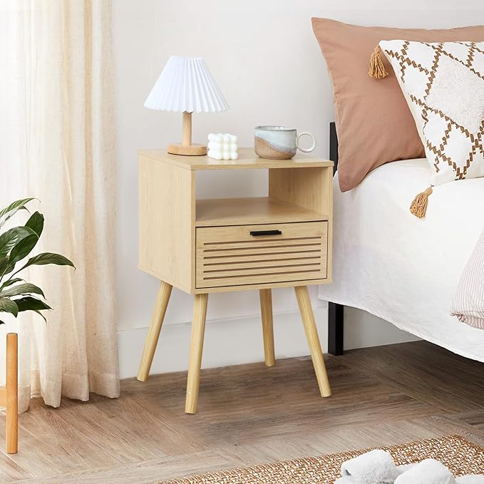 2 Sets Striped Grooved Nightstand with Solid Wood Storage Drawer, Bedside Table for Bedroom Living Room Dorm, 2 Tier Modern Night Stands for Small Space, Minimalist Bed Table (Double Layer, 2 Sets) - Image 8
