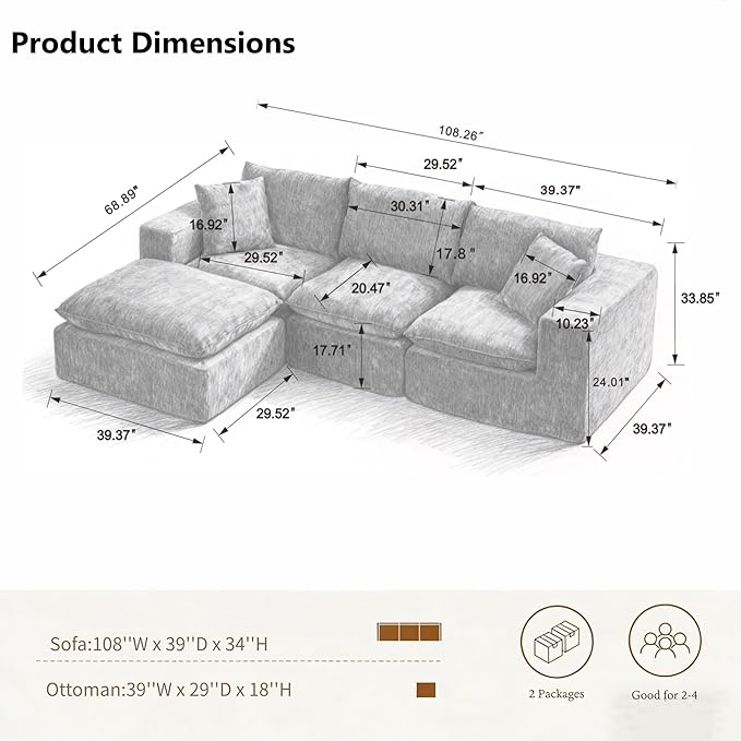Ball & Cast 108" Modular Sectional Sofa, L Shaped Modular Sectional Couch Deep Seat with Movable Ottoman, Upholstered Convertible Comfy 4 Seater Chenille Sofa for Living Room, Apartment,Black