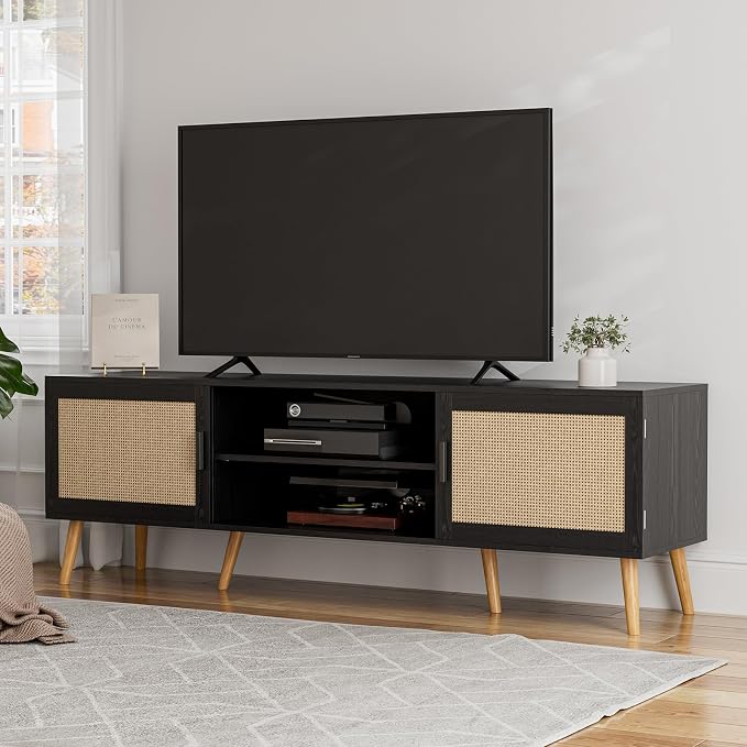 ZttRiee TV Stand for TVs up to 65'', Entertainment Center with Rattan Door, Shelves & 2 Cabinets, Boho Media TV Console for Living Room, Bedroom, Black - Image 7