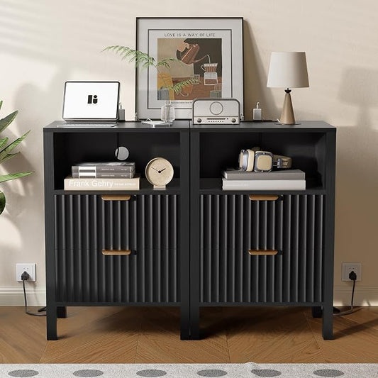 Nasonet Night Stand Set of 2, Fluted End Table Set of 2, Modern Nightstand with Charging Station, Wood Bedside Table with Storage Drawer for Bedroom, Black by Nasonet