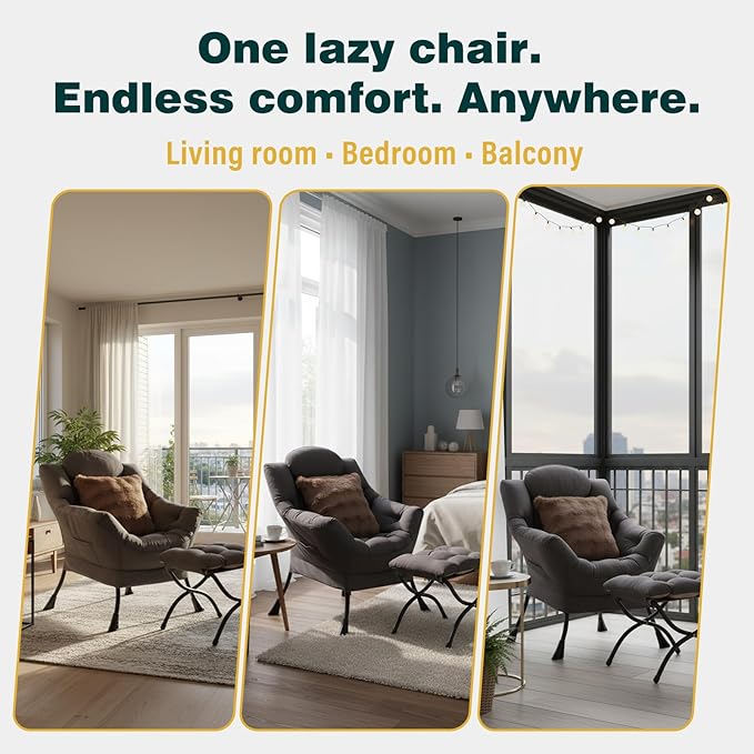 Lazy Chair with Ottoman, Large Accent Chair with Ottoman and a Throw Pillow, Shadow Grey Reading Chair for Living Room Bedroom Dorm Room Office Apartment Relaxing Use