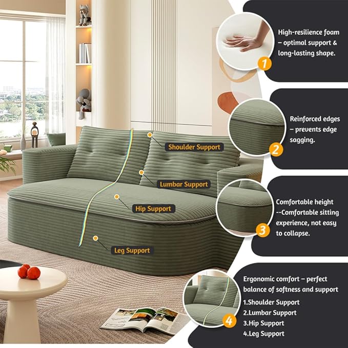 78.7" Convertible Sofa Bed, 2-in-1 Folding Floor Couch with 2 Pillows and Blanket, Plush Corduroy Fabric Sleeper Sofa for Living Room and Bedroom, No Assembly Required (Green)