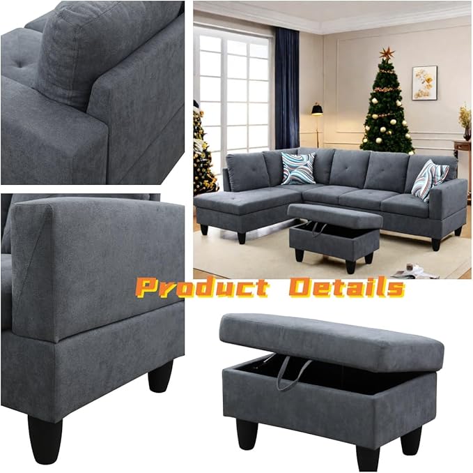 FONTOI L Shaped Sectional Couch with Otttoman, 97" Sectional Sofa for Living Room Flannel Modular Couches with Cup Holders for Bedroom, Apartments, Dark Grey