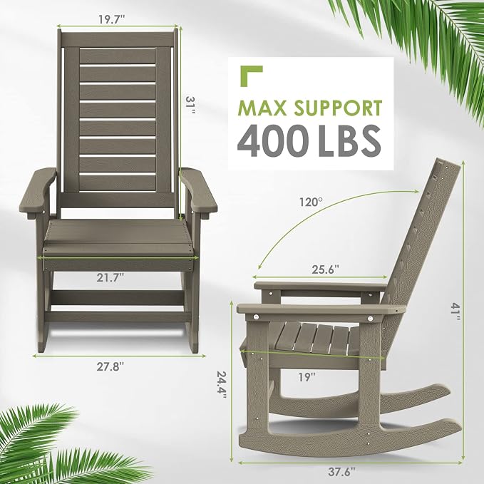GREENVINES Outdoor Rocking Chairs | Set of 2 | Porch Rocker | HDPE Plastic | Wood Grain | Oversized Rockers | High Back | Big & Tall | Ladder Back | Desert Brown | for Patio Outside - Image 3