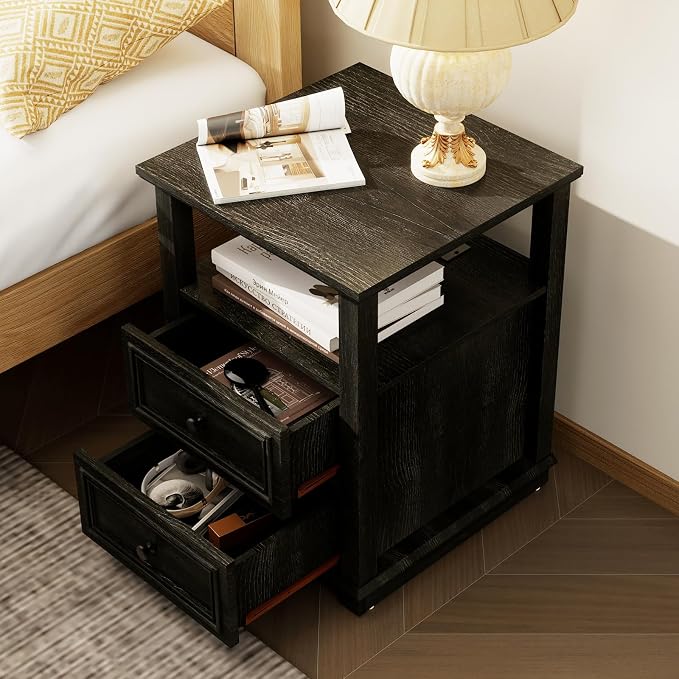 Vipbear 18" Nightstand with Charging Station Black Farmhouse End Table with Drawers Wood Night Stand for Bedroom Modern Bedside End Table with Open Shelf Storage Space - Image 3