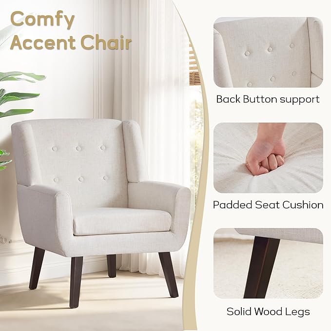 HUIMO Accent Chair Living Room Chair, Upholstered Button Tufted Armchair, Linen Fabric Sofa Chairs for Bedroom, Living Room, Mid-Century Modern Comfy Reading Chair (Beige)