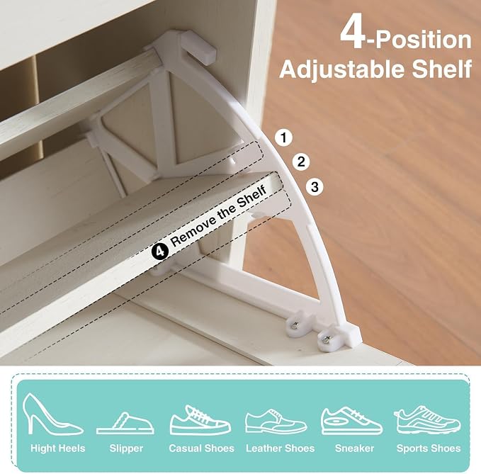 Barnyatoh Shoe Storage Cabinet,Farmhouse Shoe Organizer with 4 Flip Drawers & Barn Door Design,Freestanding Hidden Slim Narrow Shoe Rack with Open Shelves for Entryway,Foyer,Hallway,Antique White - Image 4