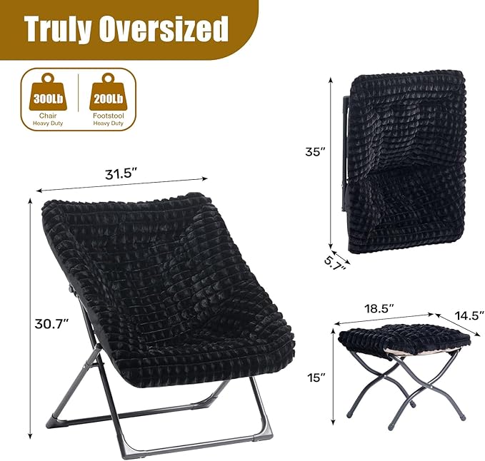 HollyHOME X-Large Saucer Chair with Foldable Ottoman, Comfy Oversized Folding Chair and Folding Footrest Stool Set, Faux-Fur Reading Chair and Footstool for Living Room, Bedroom, Black Chair&Stool