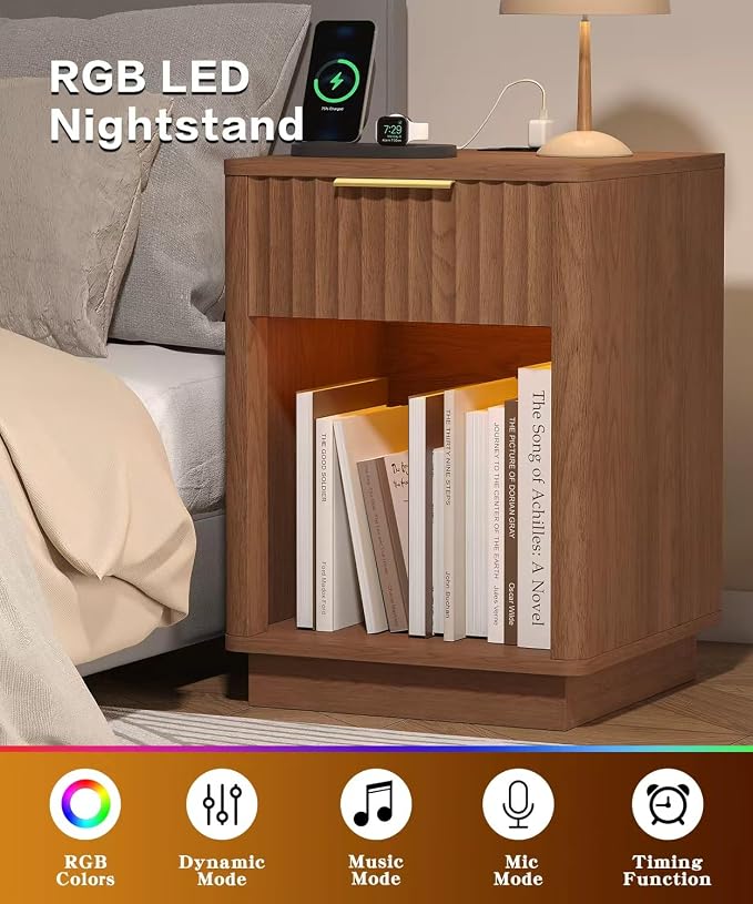 Akxomel Fluted Nightstands Set of 2, Wooden Night Stand with Charging Station and LED Light, Modern Mid Century End Table with Drawer, 15" D x 15.7" W x 22.6" H, for Bedroom, Walnut - Image 6