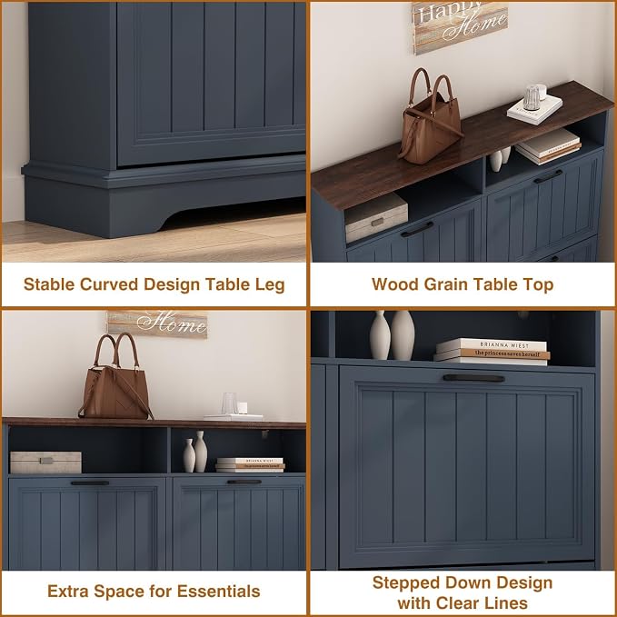Shoe Storage Cabinet with 4 Flip Drawers, Farmhouse Modern Hidden Shoes Rack Cabinet with Adjustable Shelves & Open Storage, Narrow Slim Shoe Organizer for Front Door Entrance, Entryway, Navy Blue - Image 7