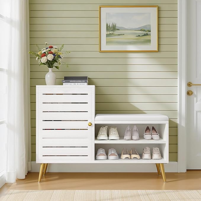 VECELO Shoe Storage Bench with Door&Shelf, Entryway Bench with Seat Cushion, for Hallway, Bedroom, Living Room, L-Shaped, White by VECELO