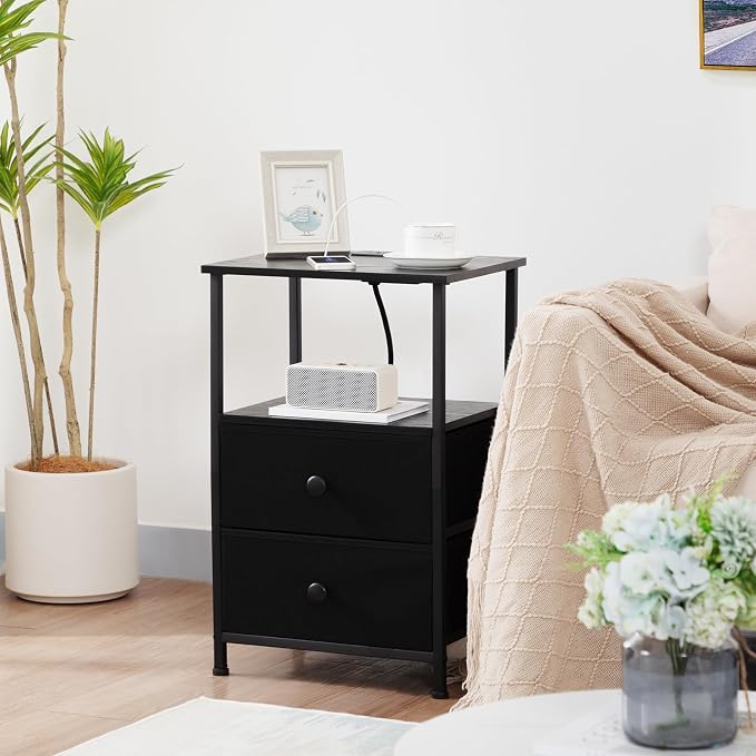 LOAKEKEL Night Stand Set 2, Black Nightstand with Charging Station, End Tables with Storage Shelf for Small Spaces, Bedside Table Side Tables with 2 Fabric Drawers for Bedroom, HETS020BK - Image 7