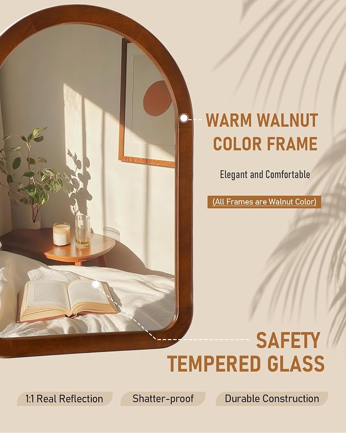 Arched Mirror 24 x 36 Inch,Walnut Brown Wood Rustic Bathroom Tempered Wall Mirror with Wood Frame,Round Corner Arch Farmhouse Wooden Vanity Mirror for Living Room,Entryway or Bedroom - Image 5