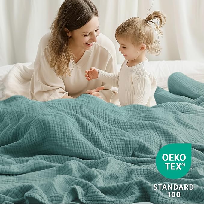 100% Cotton Muslin Blanket 40" x 40", Breathable and Lightweight Cotton Throw Blankets, Soft Cooling Summer Gauze Blanket for All Season, Teal Blue