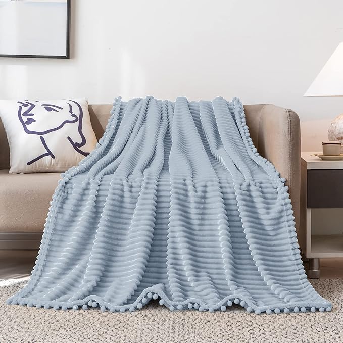 DISSA Fleece Blanket Throw Size ?€? 51x63, Grey ?€? Soft, Plush, Fluffy, Fuzzy, Warm, Cozy ?€? Perfect Throw for Couch, Bed, Sofa - with Pompom Fringe - Flannel Blanket Throw Blanket