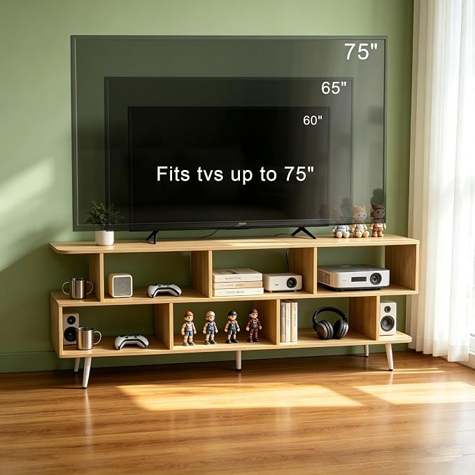 65" Walnut TV Stand with Power Outlet, Large Media Console Table for TVs up to 75" with 8 Open Shelves, Entertainment Center for Living Room/Entrance/Kitchen/Sofa Cabinet, Easy Assembly - Image 4