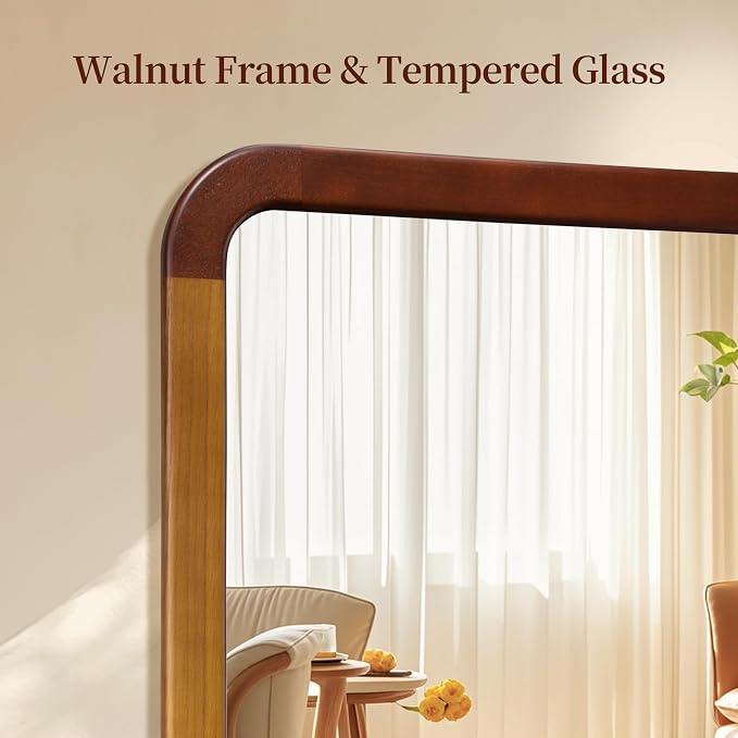 Bathroom Mirror 24 x 24 Inch,Brown Wood Rustic Rectangle Tempered Wall Mirror with Wood Frame,Round Corner Farmhouse Wooden Vanity Mirror for Living Room,Entryway or Bedroom（Walnut Brown） - Image 5