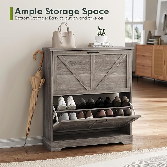 Smart FENDEE Shoe Storage Cabinet with 2 Flip Drawers, Farmhouse Narrow Shoe Cabinet Storage for Entryway, Slim Shoe Rack Cabinet with Wooden Feet, Gery - Image 6
