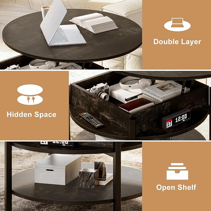 FABATO Round Lift Top Coffee Table with Storage and Hidden Compartment, 26.77'' Farmhouse Coffee Table for Living Room Reception Room, 2 Tier Small Round Coffee Table Circle Dining Table, Black Oak | Lift Top, with Storage, Hidden Compartment, Farmhous...