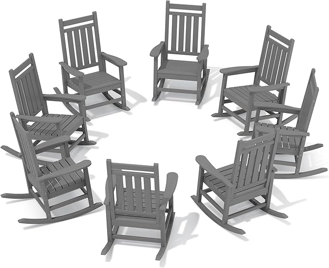 SERWALL HDPE Outdoor Rocking Chair Set of 8, Patio Rocking Chairs for Adults, All Weather Outdoor Rockers for Lawn, Grey by SERWALL