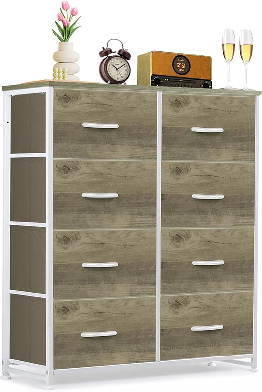 8-Drawer Dresser for Bedroom, Anti-Tip Tall Storage Organizer Chest of Drawers with Wooden Top and Metal Frame Fabric Bins for Closet, Living Room, Hallway, Entryway, Greige Oak by SageNest