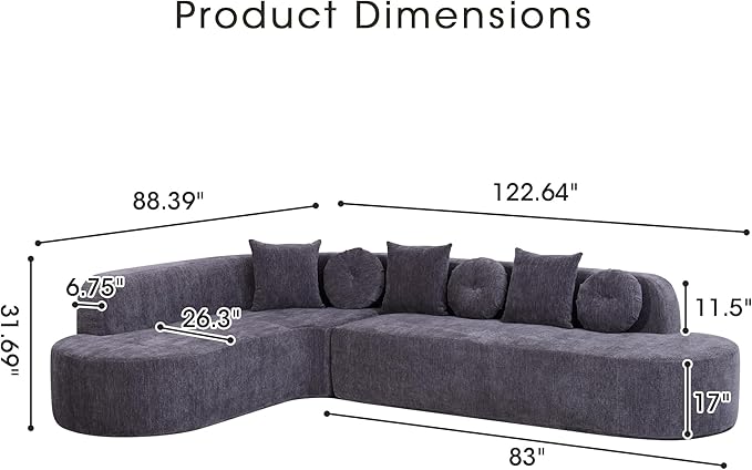 123" Boneless Modular Sectional Sofa, Modern Curved L-Shaped Cloud Foam Couch with High Density Sponge & Pocket Spring, Chenille Fabric, Non-Assembly Frameless Floor Sofa for Living Room | Plush, Wider Armrest