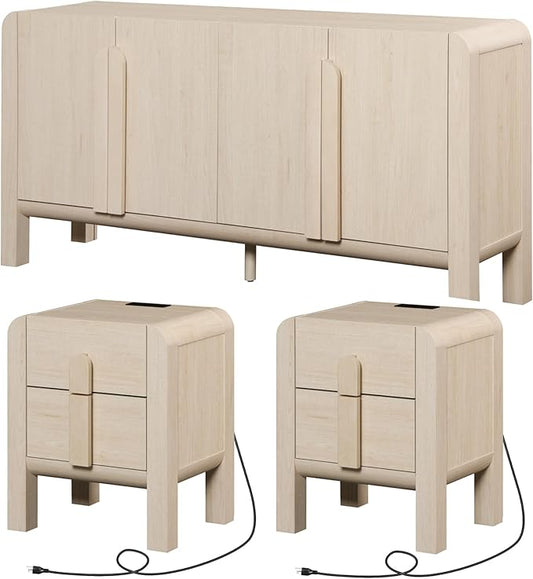 WAMPAT 3 Piece Beige Dresser and Nightstand Set, Modern 63" Wide Dresser Cabinet and Nightstand Set with Charging Station, Wood Storage Closet Chest with Curved Profile Handles for Bedroom