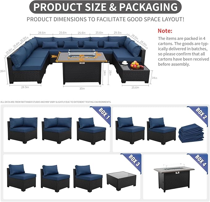 10 Pieces Outdoor Sectional All-Weather Wicker Patio Furniture Set Patio Sectional and Steel Fire Table and Glass Patio Table Non-Slip Cushions and Waterproof Covers, Navy Blue